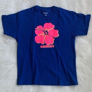 Hanes Kids Blue Tee with Neon Pink Hibiscus
